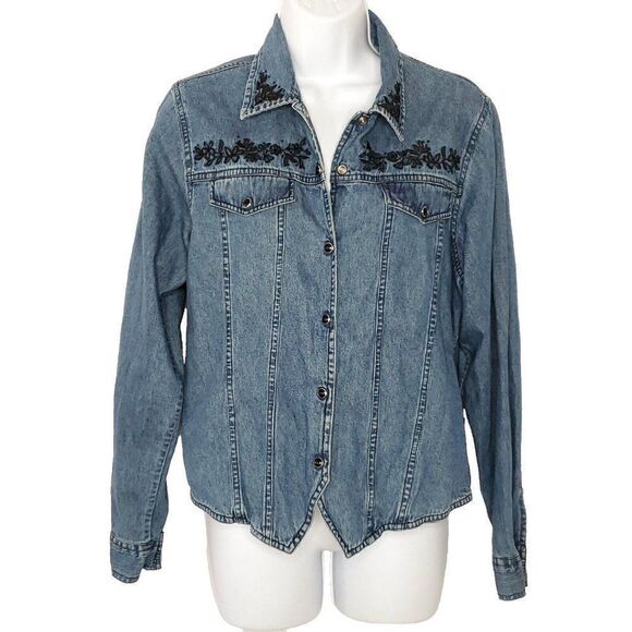 Vtg Denim Snap Front Shirt M Collared Floral Embroidered Beaded Blue Black - Picture 1 of 7